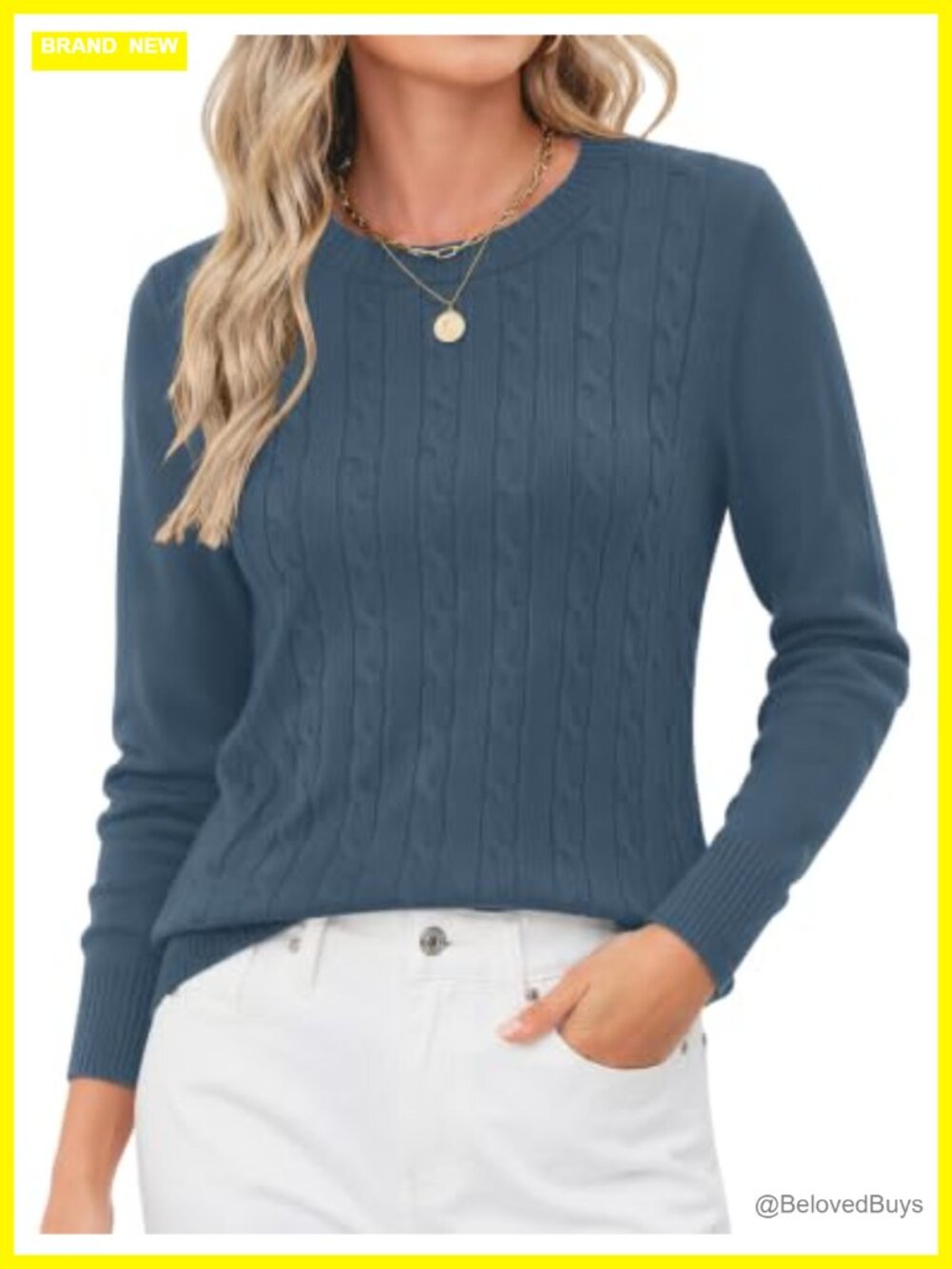 Women's Contrast Trim Cable Knit Crew Neck Pullover Sweater Long Sleeve